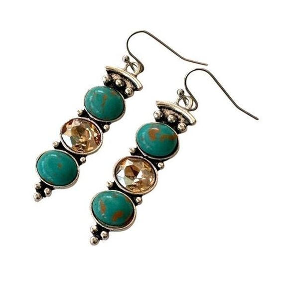 Turquoise & Amber Glass Drop Earrings – Sculptural Thai Style - Picture 1 of 12